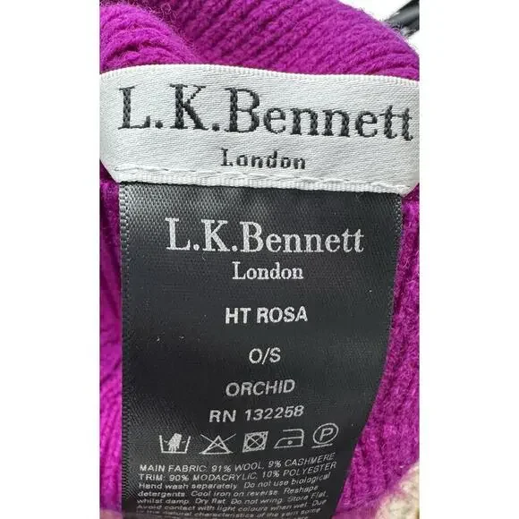 L.K. Bennett London Wool Cashmere Beanie Hat Purple Fur Pom One Size - Picture 5 of 5